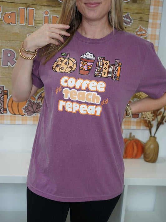 "Coffee, Teach, Repeat" Fall Teacher T-Shirt | Fall Teacher T-Shirt