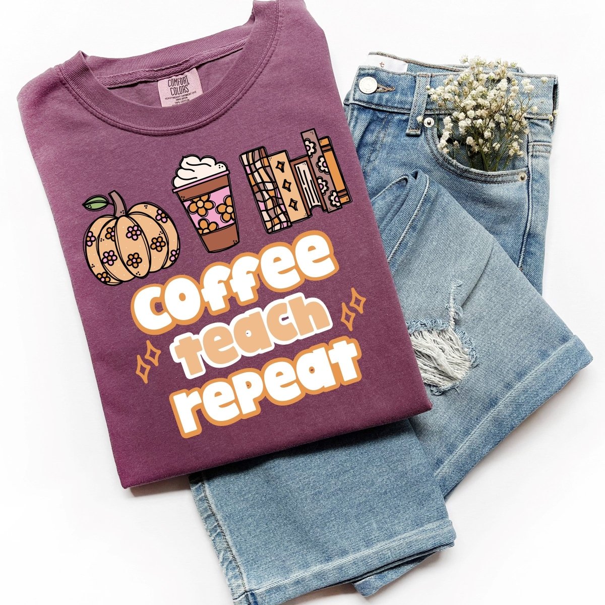 "Coffee, Teach, Repeat" Fall Teacher T-Shirt | Fall Teacher T-Shirt