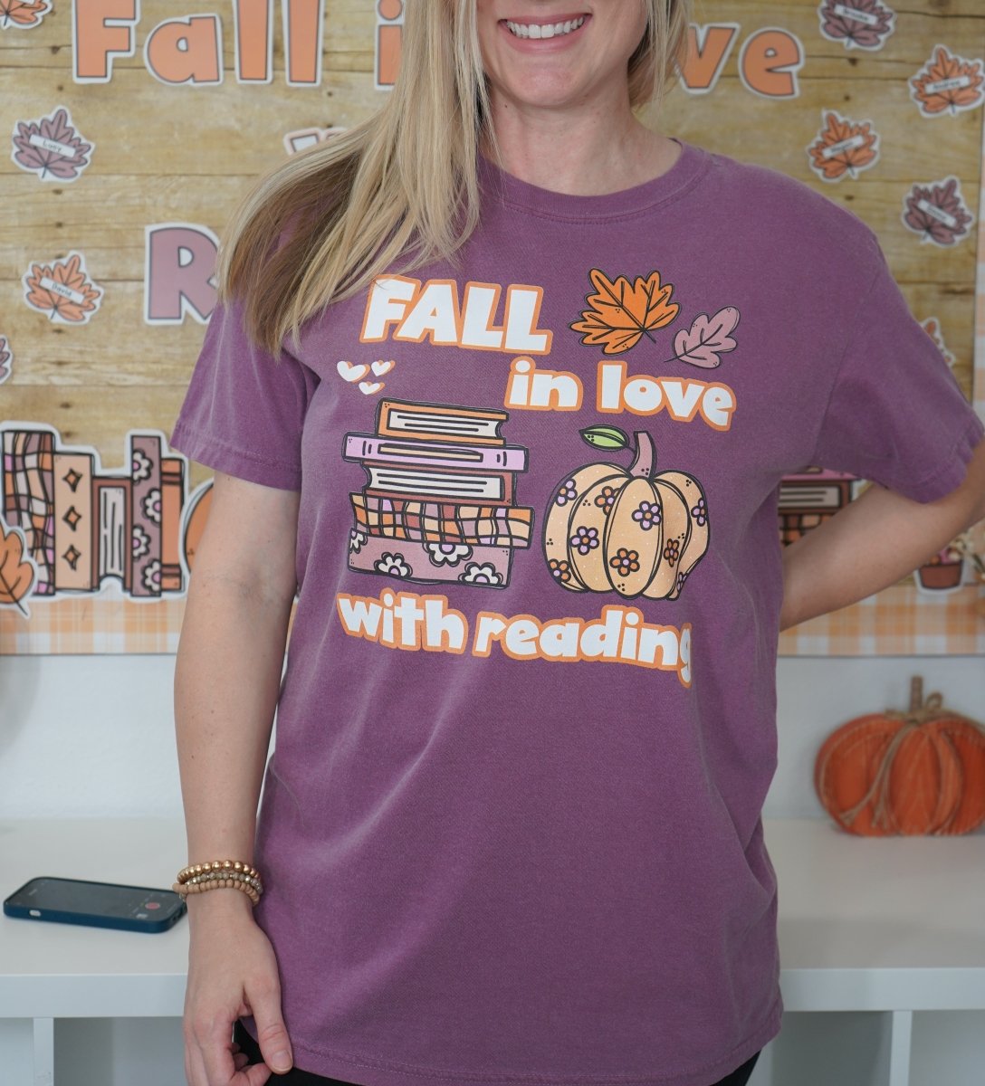 "Fall in Love with Reading" Teacher T-Shirt | Fall Teacher T-Shirt